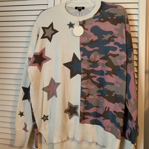 ODDY Star and Camo Split Sweatshirt - Cream, Purple, Blue - Picture 1 of 8
